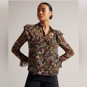 - Ted Baker black floral print with ruffles Ehllana size 8-10 Medium